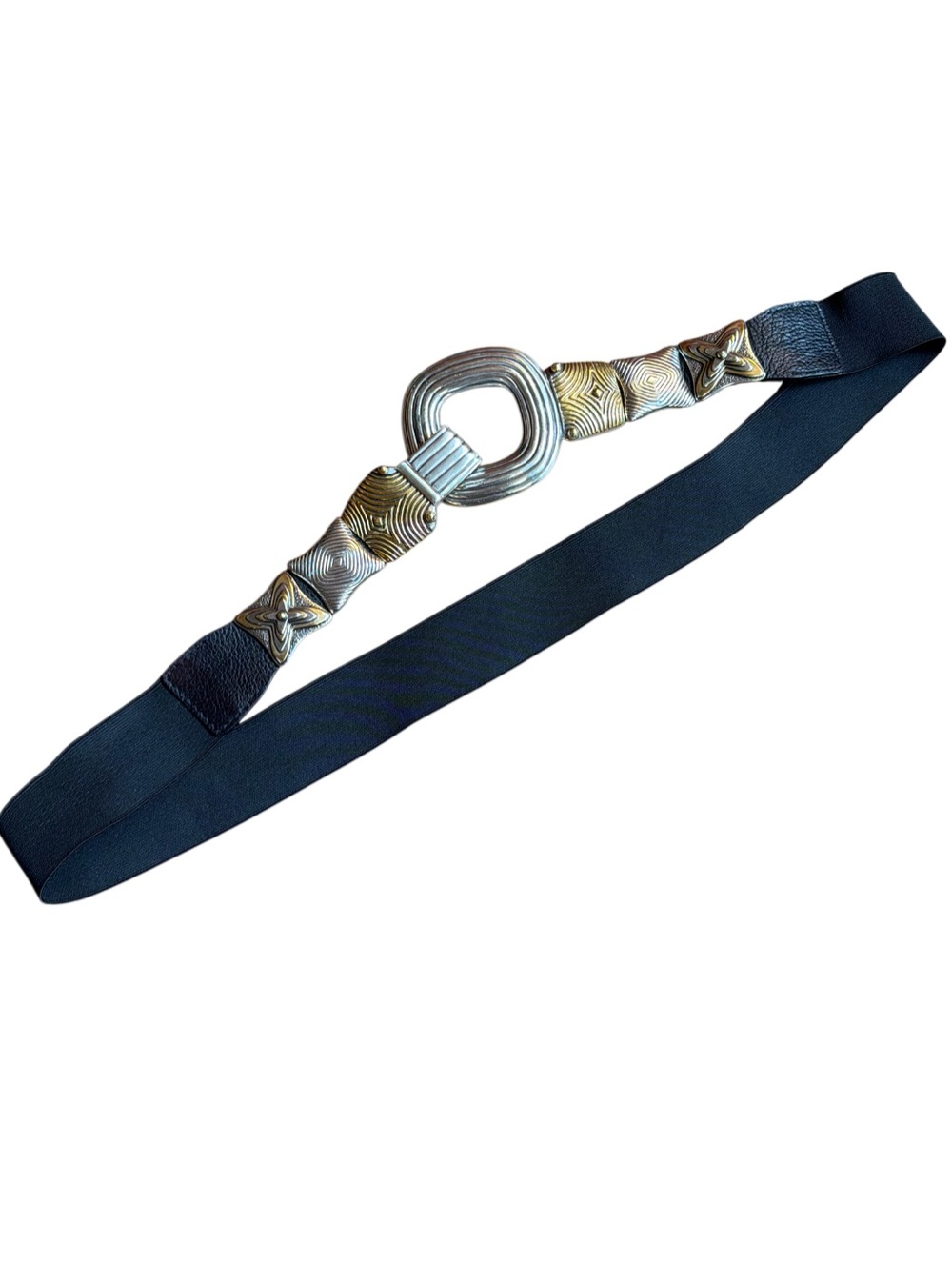 Chico’s Black Stretch Belt with Antique Gold & Silver Decorative Buckle